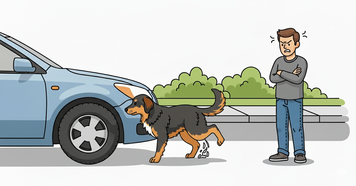 Cartoon Hund markiert neben seinem Herrchen an ein Auto