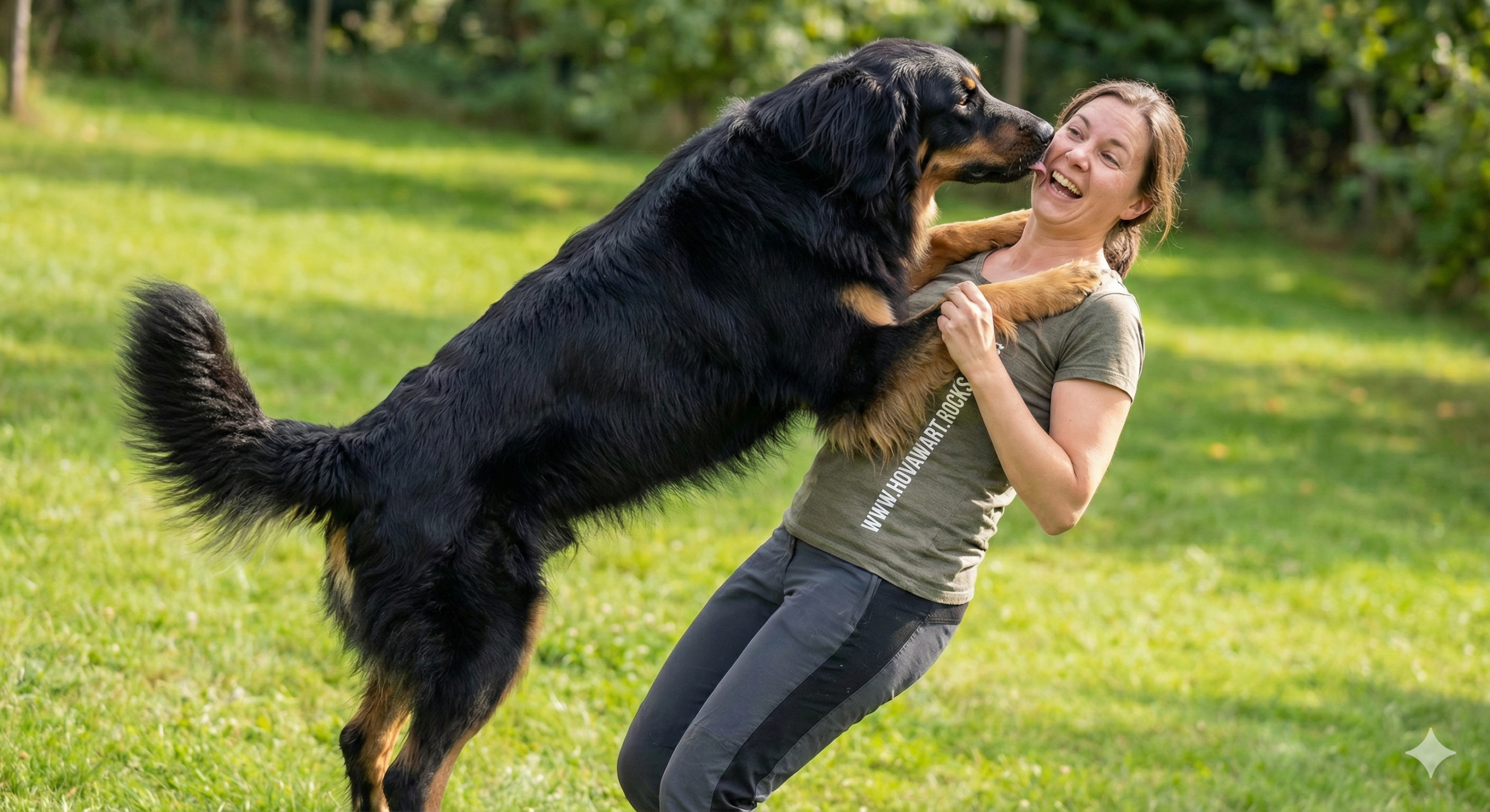 Hovawart springt sein Frauchen an