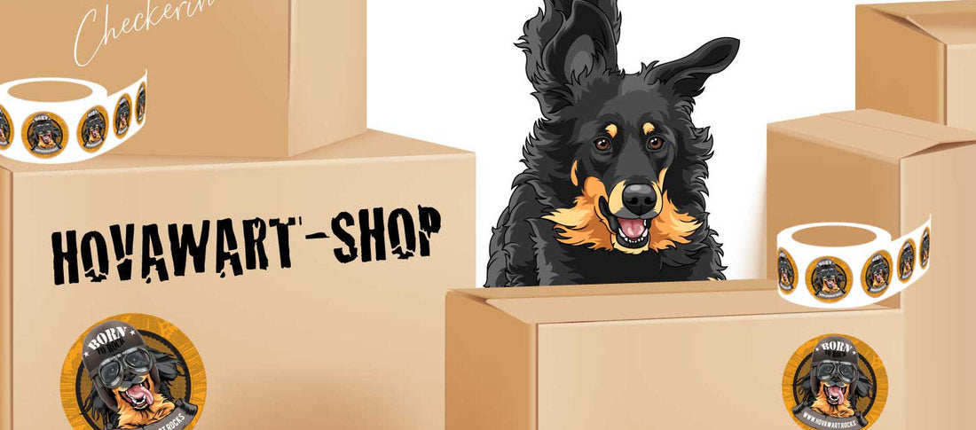 Comic mit einem Hovawart und Verpackungskisten mit dem Aufdruck Hovawart-Shop