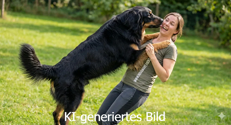 Hovawart springt an seinem Frauchen hoch