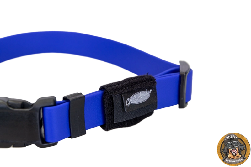 AirTag-Tasche, schwarz, am leuchtend blauen Biothane-Halsband mit schwarzer Kunststoffschnalle.