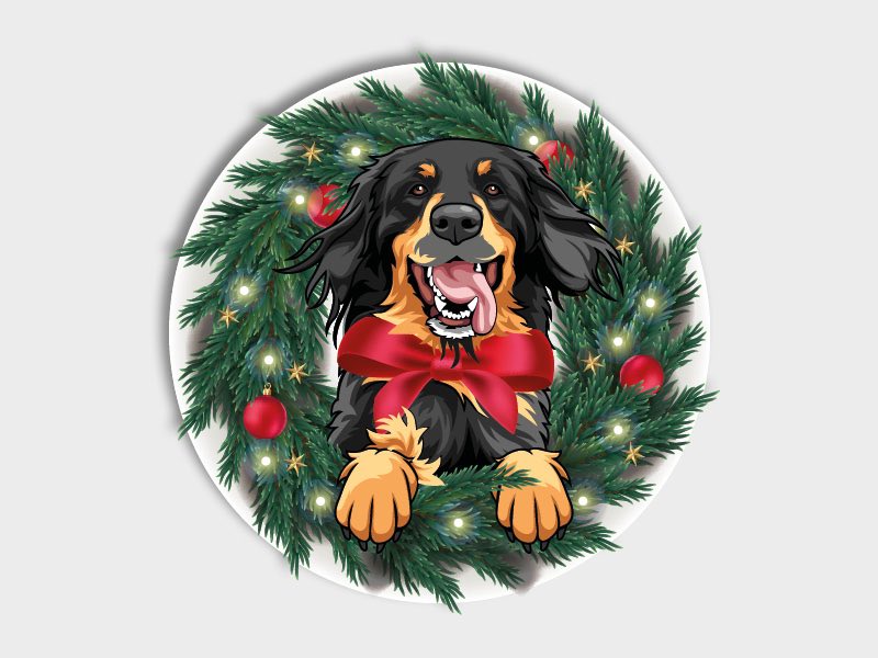 Großer Hund im Weihnachtskranz