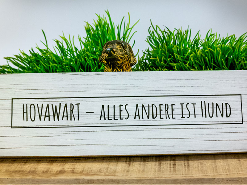 Holzschild, Hundekopf, Kunstgras, Spruch