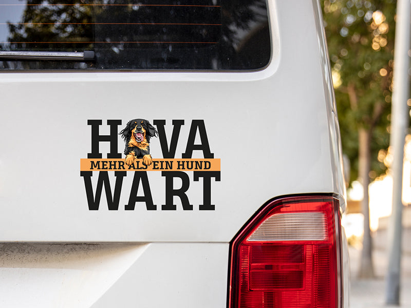 Aufkleber Hovawart an einem weißen Bulli