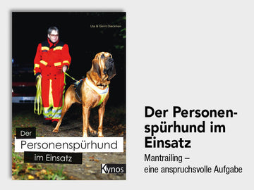 Cover des Buches "Der Personenspürhund im Einsatz" mit einer Rettungsperson in roter Jacke, die einen großen, hellbraunen Bloodhound-Hund an der Leine hält. Der Hund trägt ein gelbes Geschirr. Im Hintergrund sind dunkle Bäume und der Schein eines Einsatzfahrzeugs bei Nacht zu sehen.