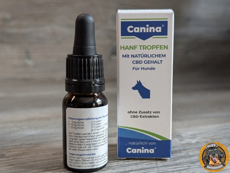 Canina Hanf Tropfen für Hunde mit natürlichem CBD Gehalt, Flasche und Verpackung, ideal für Beruhigung und Wohlbefinden