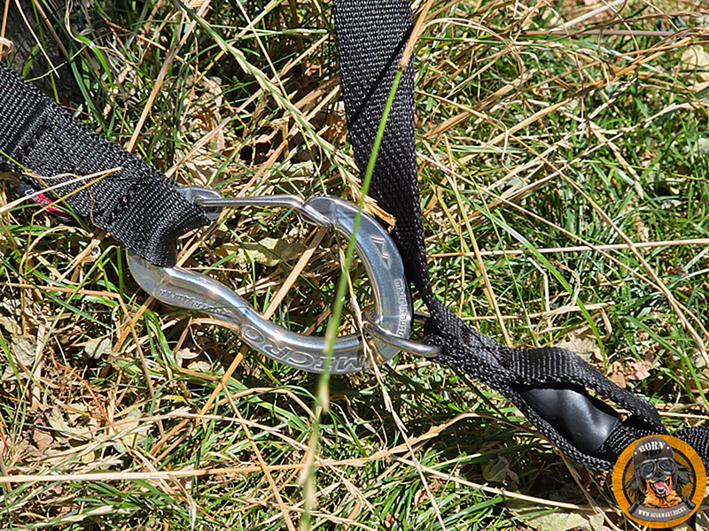 Massiver Karabiner am D-Ring der Camperleine befestigt
