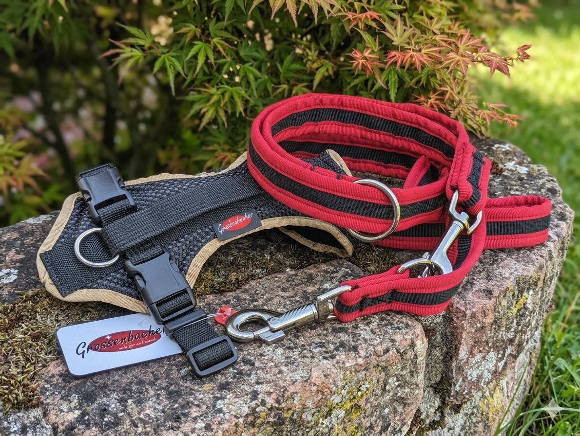 Hundegeschirr und Leine auf Stein