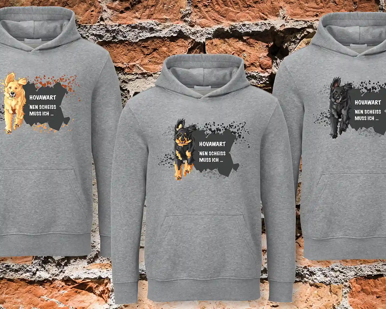 Drei graue Hoodies mit dem Aufdruck "HOVAWART NEN SCHEISS MUSS ICH ...". Auf den Hoodies sind Hovawarte in blond, schwarzmarken und schwarz abgebildet.