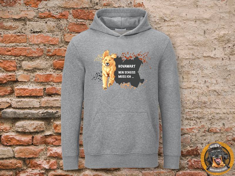 grauer Hovawart Hoodie auf Steinmauer