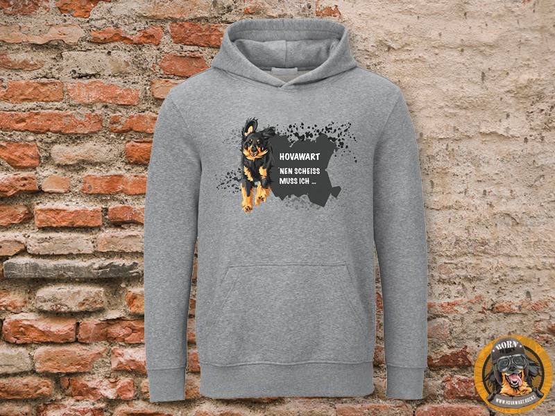 grauer Hovawart Hoodie auf Steinmauer