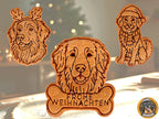 Drei detailreiche Weihnachtskekse in Form eines Hovawarts, hergestellt mit Hovawart.rocks Keksaustechern. Links: Hovawart-Kopf mit Rentiergeweih. Mitte: Hovawart-Kopf über einem Knochen mit der Prägung "FROHE WEIHNACHTEN". Rechts: Sitzender Hovawart mit Weihnachtsmütze und Schal.