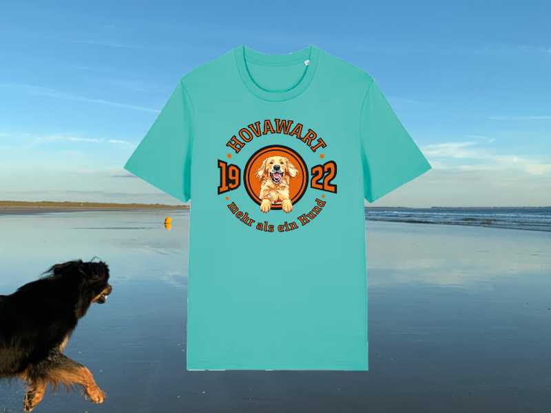 Türkises Hovawart-Shirt am Strand