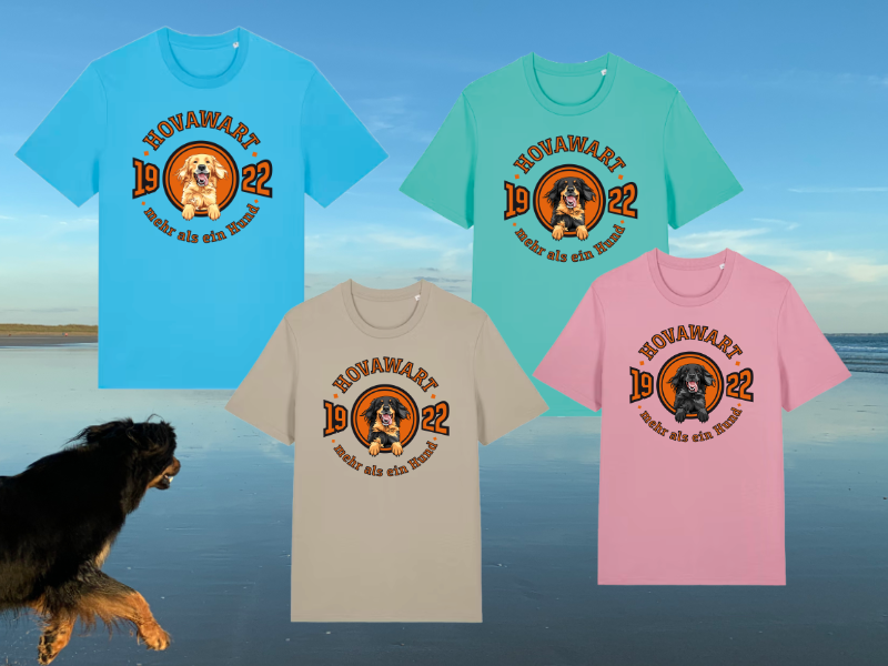 Vier Hovawart T-Shirts in verschiedenen Farben und mit unterschiedlichen Hundemotiven, präsentiert an einem Strand, daneben ein Hovawart-Hund.