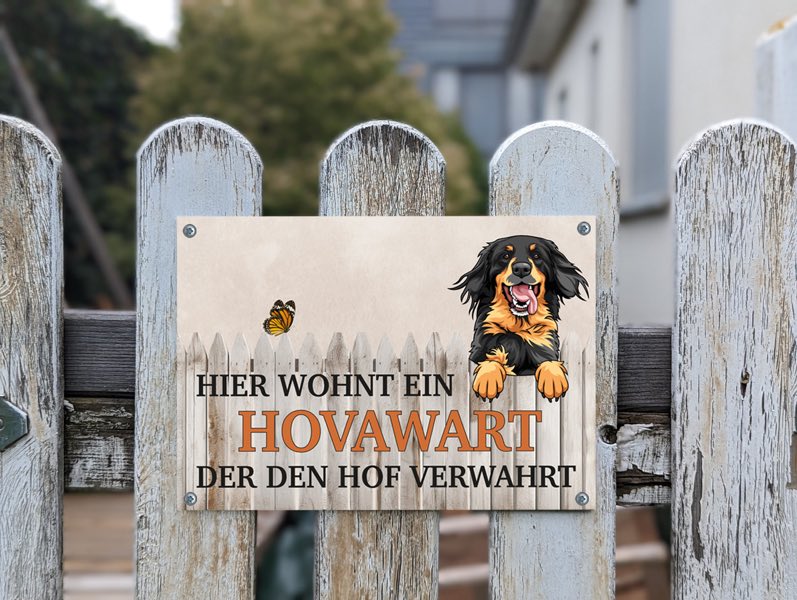 Hovawart Hundeschild "Hier wohnt ein Hovawart der den Hof verwahrt" aus 4mm AluDibond, befestigt an einem Holzzaun. Das Motiv zeigt einen fröhlichen, schwarzmarkenen Hovawart und einen Schmetterling.