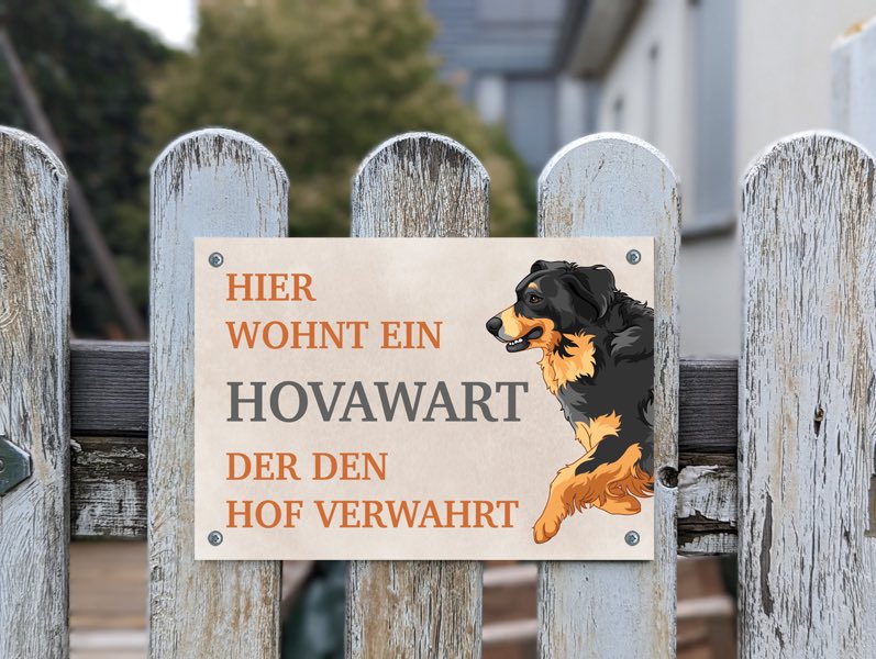 Hundeschild am Holzzaun, Hovawart
