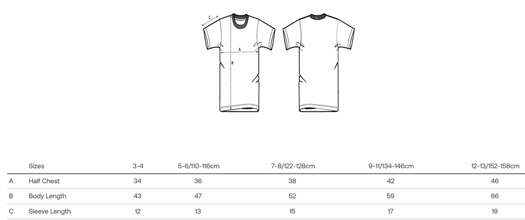 Größentabelle für das Hovawart Rocks Kinder T-Shirt, zeigt Brustweite, Körperlänge und Ärmellänge in Größen von 3-4 bis 12-13 Jahren.