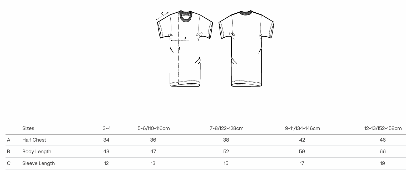 Größentabelle für das Hovawart Rocks Kinder T-Shirt, zeigt Brustweite, Körperlänge und Ärmellänge in Größen von 3-4 bis 12-13 Jahren.