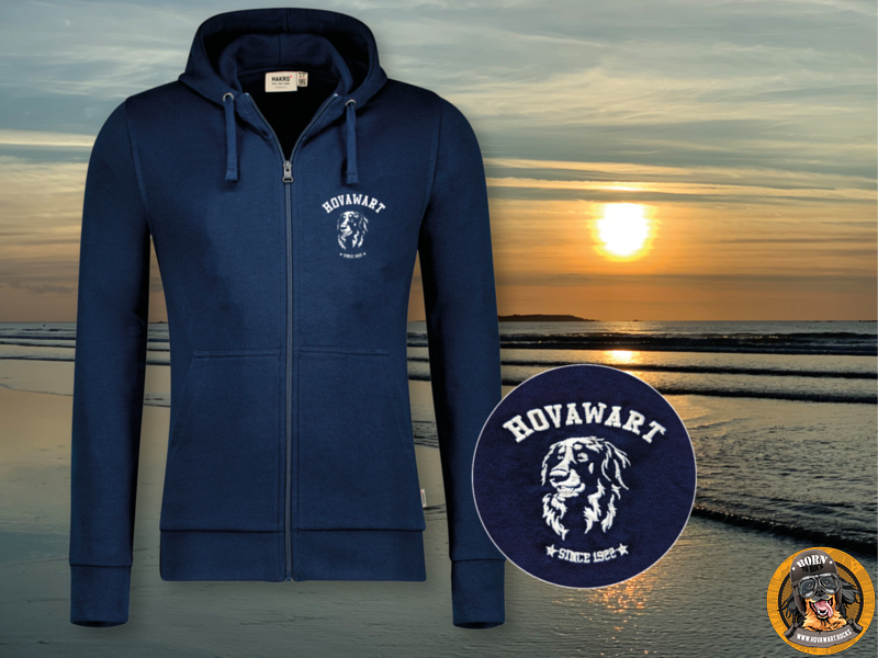 Dunkelblaue Hovawart-Hundejacke Sonnenuntergang