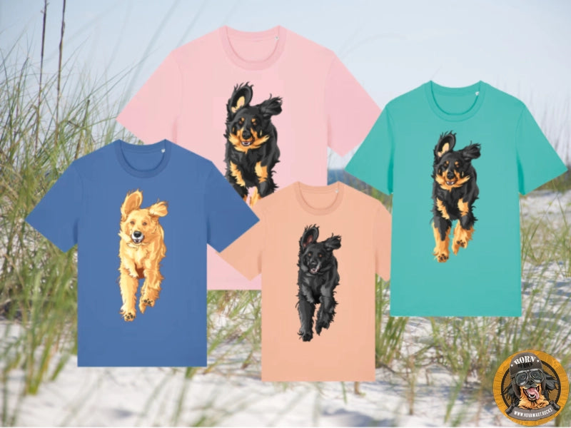 Vier Hovawart "Powerrun" T-Shirts in Pink, Poolblau, Bright Blue und Pfirsich mit Illustrationen von rennenden Hovawarts, am Strand präsentiert.