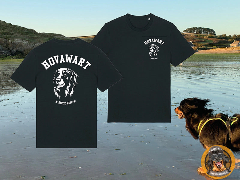 Schwarzes Unisex Hovawart T-Shirt "Legende" mit weißem Motiv eines Hovawart-Kopfes und dem Schriftzug "HOVAWART since 1922" auf dem Rücken, präsentiert vor einem Strandhintergrund mit einem echten Hovawart im Vordergrund.