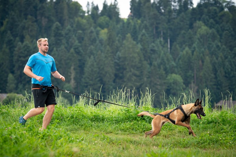 Mann joggt mit großem Hund