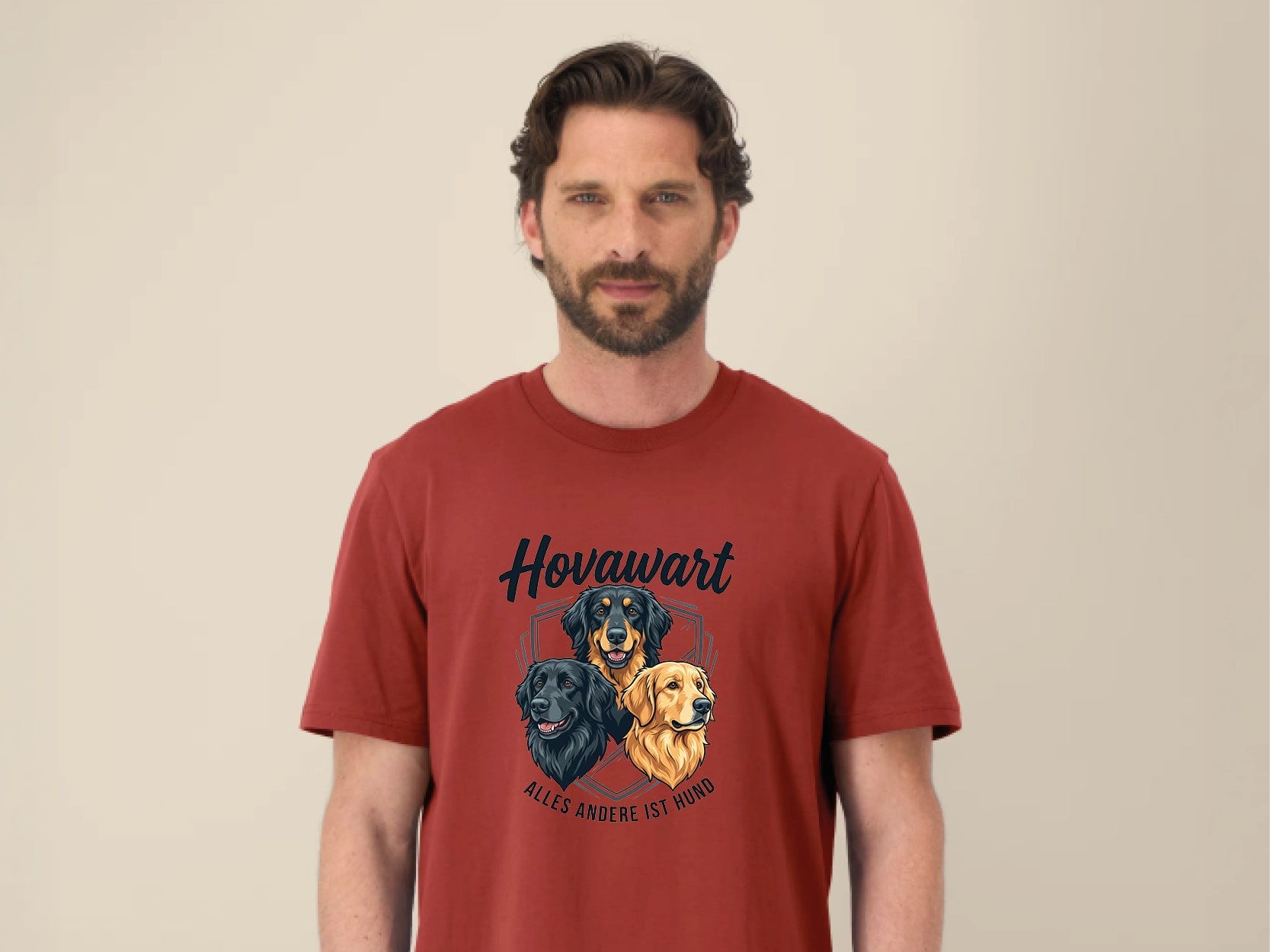 Hovawart T-Shirt Herren rostrot – Premium Shirt mit drei Hovawart Motiven und Schriftzug „Alles andere ist Hund“, ideal für Hundeliebhaber großer Hunde
