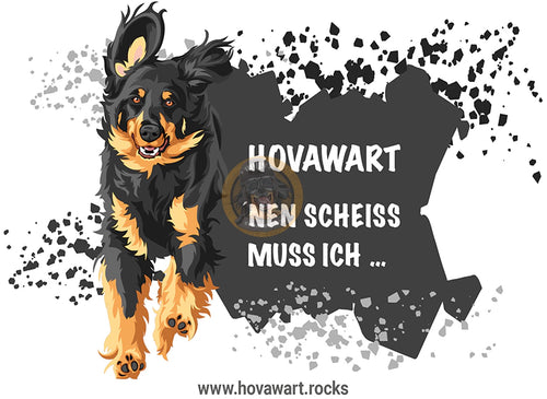 Aufkleber mit einem scharzmarkenen Hovawart und Text
