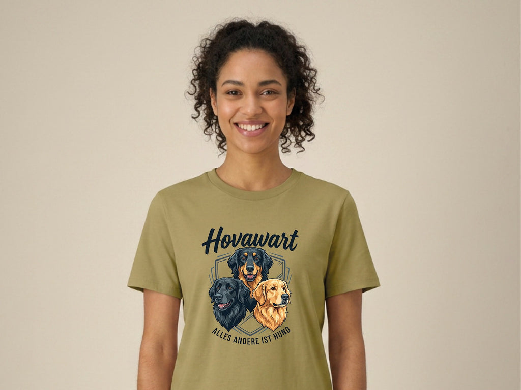 Hovawart T-Shirt Damen olivgrün – hochwertiges Shirt mit drei Hovawart Motiven und Schriftzug „Alles andere ist Hund“, ideal für Hundeliebhaber großer Rassen