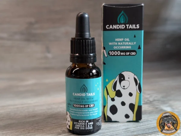 Candid Tails Hanföl für Hunde mit 1000mg CBD, Flasche und Verpackung, speziell für große Hunde