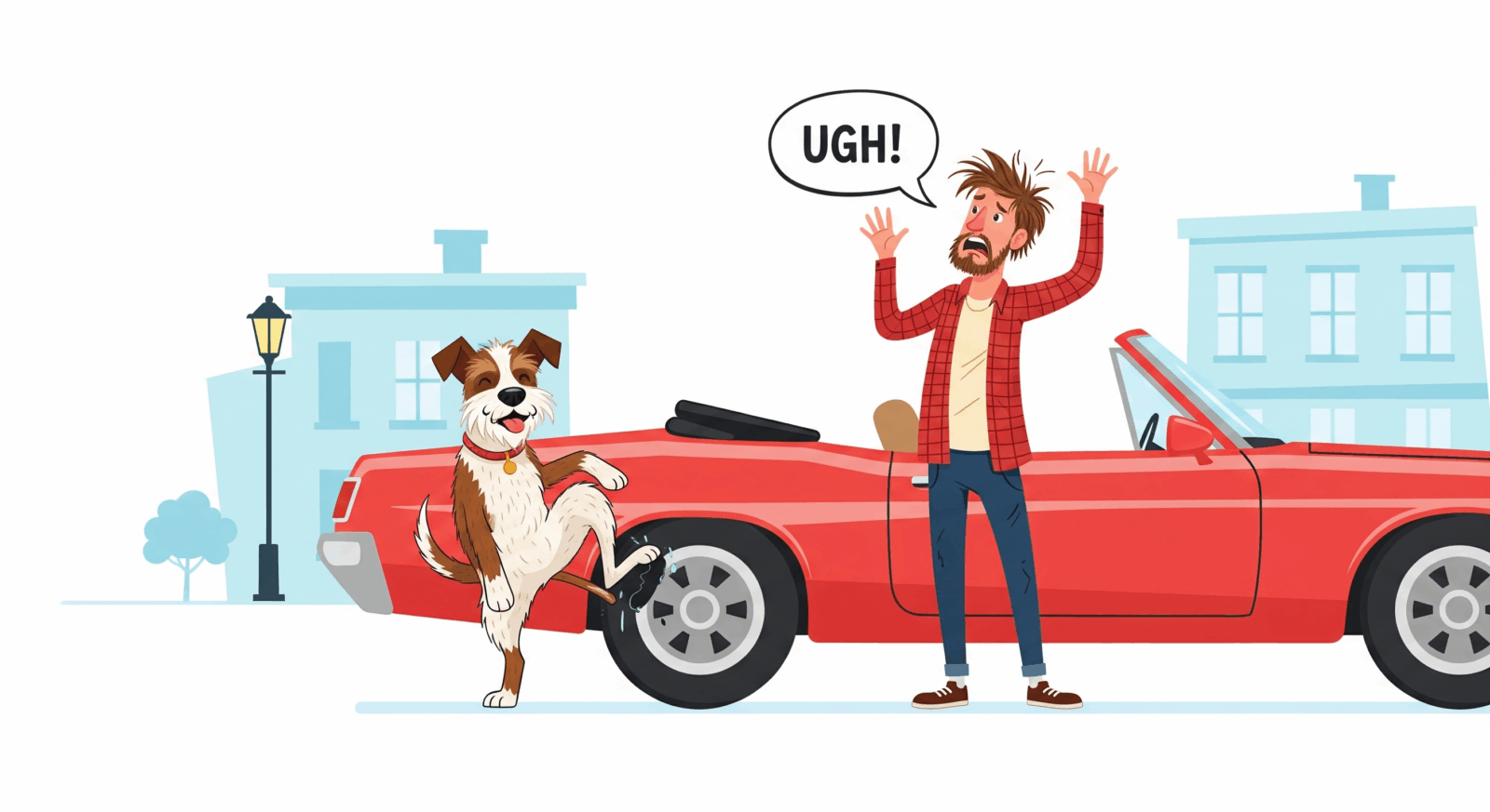 Hund markiert mit erhobenem Hinterbein am Autoreifen, Mann mit 