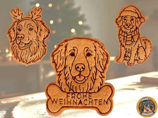 Drei detailreiche Weihnachtskekse in Form eines Hovawarts, hergestellt mit Hovawart.rocks Keksaustechern. Links: Hovawart-Kopf mit Rentiergeweih. Mitte: Hovawart-Kopf über einem Knochen mit der Prägung "FROHE WEIHNACHTEN". Rechts: Sitzender Hovawart mit Weihnachtsmütze und Schal.