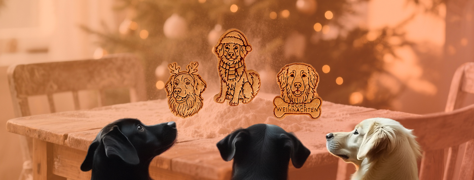 Hovawart-Weihnachtskekse mit 3D-Prägung auf einem Holztisch mit Puderzucker. Unten: Drei Hunde (zwei schwarz, einer beige) blicken mit Blick auf die Leckereien