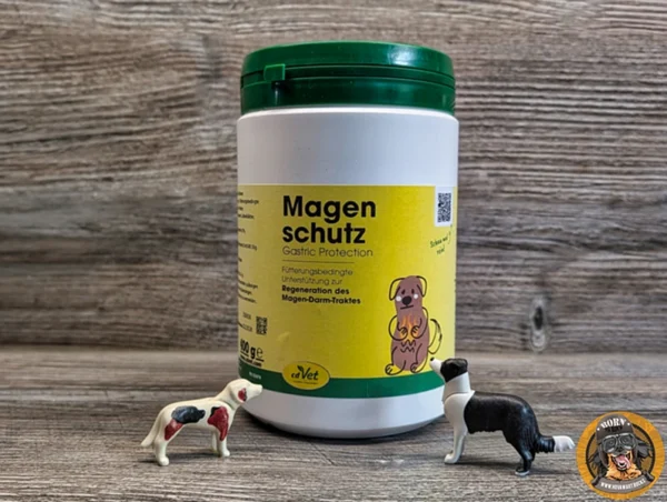 Nahaufnahme der Dose "Magenschutz Gastric Protection" zur Regeneration des Magen-Darm-Traktes bei Hunden mit Sodbrennen und Licky Fits. Davor stehen zwei Hunde-Spielfiguren.