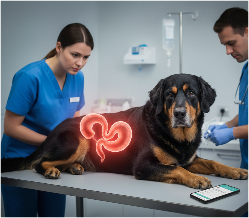 Zwei Tierärzte untersuchen einen großen Hund mit Magendrehung auf einem Behandlungstisch; der Magen des Hundes leuchtet rot, um die Verdrehung zu symbolisieren.