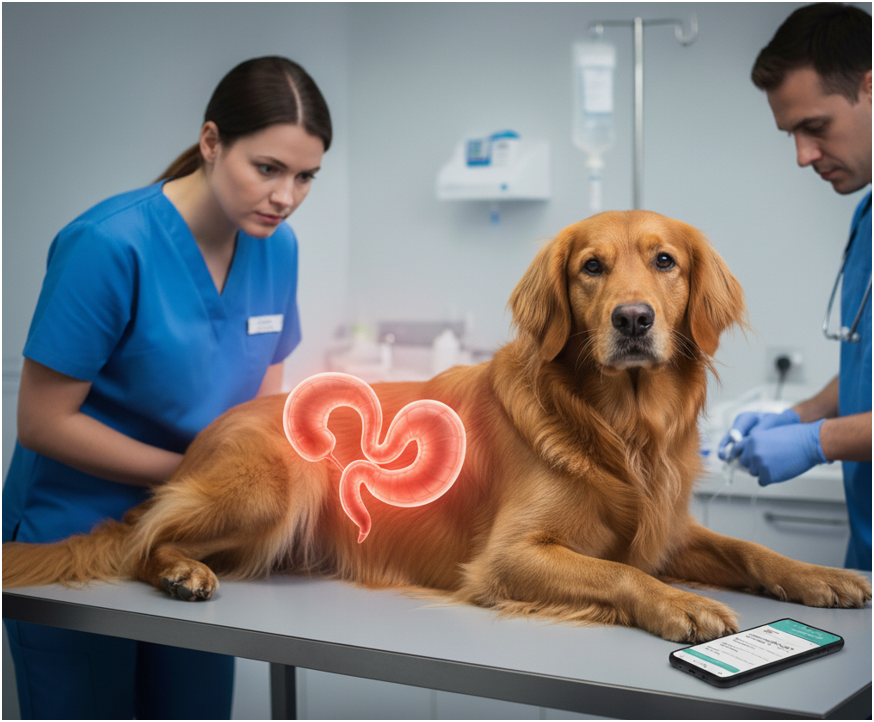 Zwei Tierärzte untersuchen einen blonden Hovawart mit Magendrehung auf einem Behandlungstisch; der Magen des Hundes leuchtet rot, um die Verdrehung zu symbolisieren.