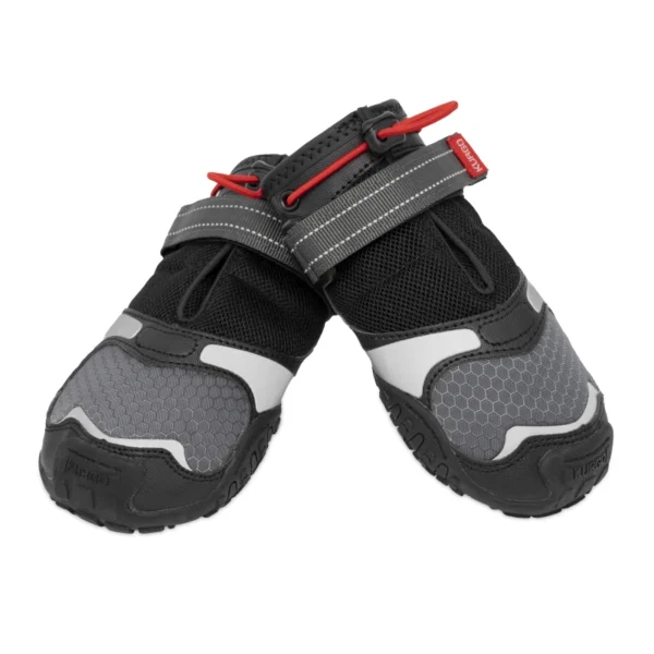 robuste, schwarze und graue Hundeschuhe mit Mesh-Einsätzen, starkem Profil und Reflektoren, gekreuzt dargestellt | Modell mit Klettverschluss und Gummizug für sicheren Halt an den Pfoten